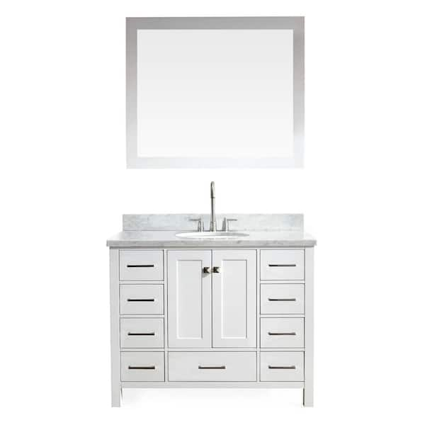 ARIEL Cambridge 43 in. W x 22 in. D x 36 in. H Bath Vanity in White with Carrara White Marble Top and Mirror