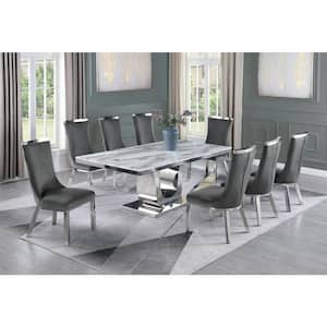 Ada 9-Piece Rectangular White Marble Top with Stainless Steel Base Table Set with 8-Dark Grey Velvet Chairs