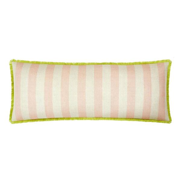 Peking Handicraft, Inc. Queenie Pink/White Cabana Stripe Fringed Down Alternative 36 in. x 14 in. Throw Pillow