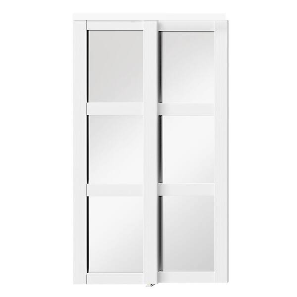 60in x 80in, MDF Solid Core, Mirrored Glass, 3 Lite, PVC Covering, White Sliding Door with All Hardware