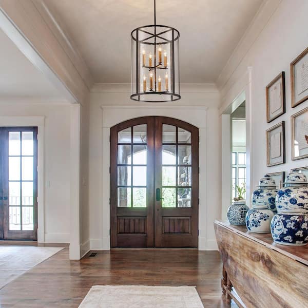 Dvorakova 17.72 in. 8-Light Black Tiered Chandelier Drum Pendant Light with Seedy Glass Shade