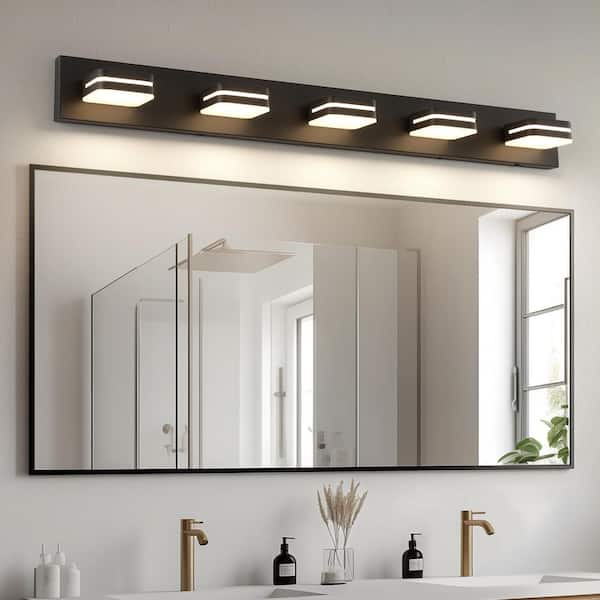 40.55 in. 5 Light Black Bathroom LED Vanity Light with 5-CCT Adjustable Switch and Acrylic Lampshade
