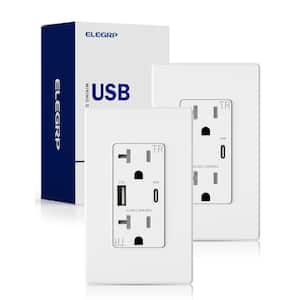 30-Watt Type A & Type C USB Duplex Wall Outlet for PD and QC, 20 Amp Receptacle, w/Wall Plate (2-Pack, White)