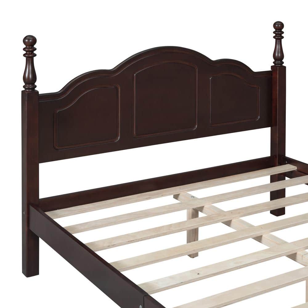 Full Size Dark Walnut Pine Wood Platform Bed with Headboard