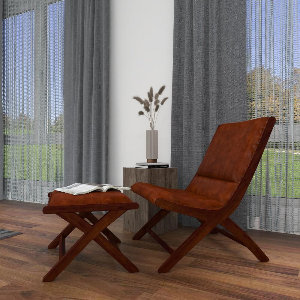 Set of 2 Brown Teak Wood Leather Accent Chairs with Ottoman