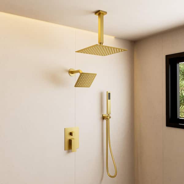 Crozet 1-Handle 3-Spray Ceiling Mount Dual Shower Head Handheld Shower Head 2.5 GPM in Brushed Gold (Valve Included)