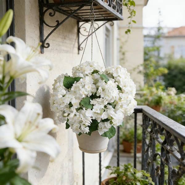 20 in. White UV Resistant Artificial Hydrangea Shrub for Outdoor