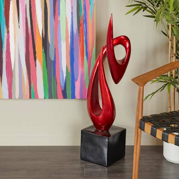 Litton Lane Red Polystone Swirl Abstract Sculpture with Black Base