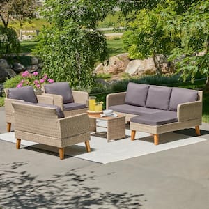 Chloe Greige 5-Piece Wicker Patio Sectional Seating Set with Gray Cushions