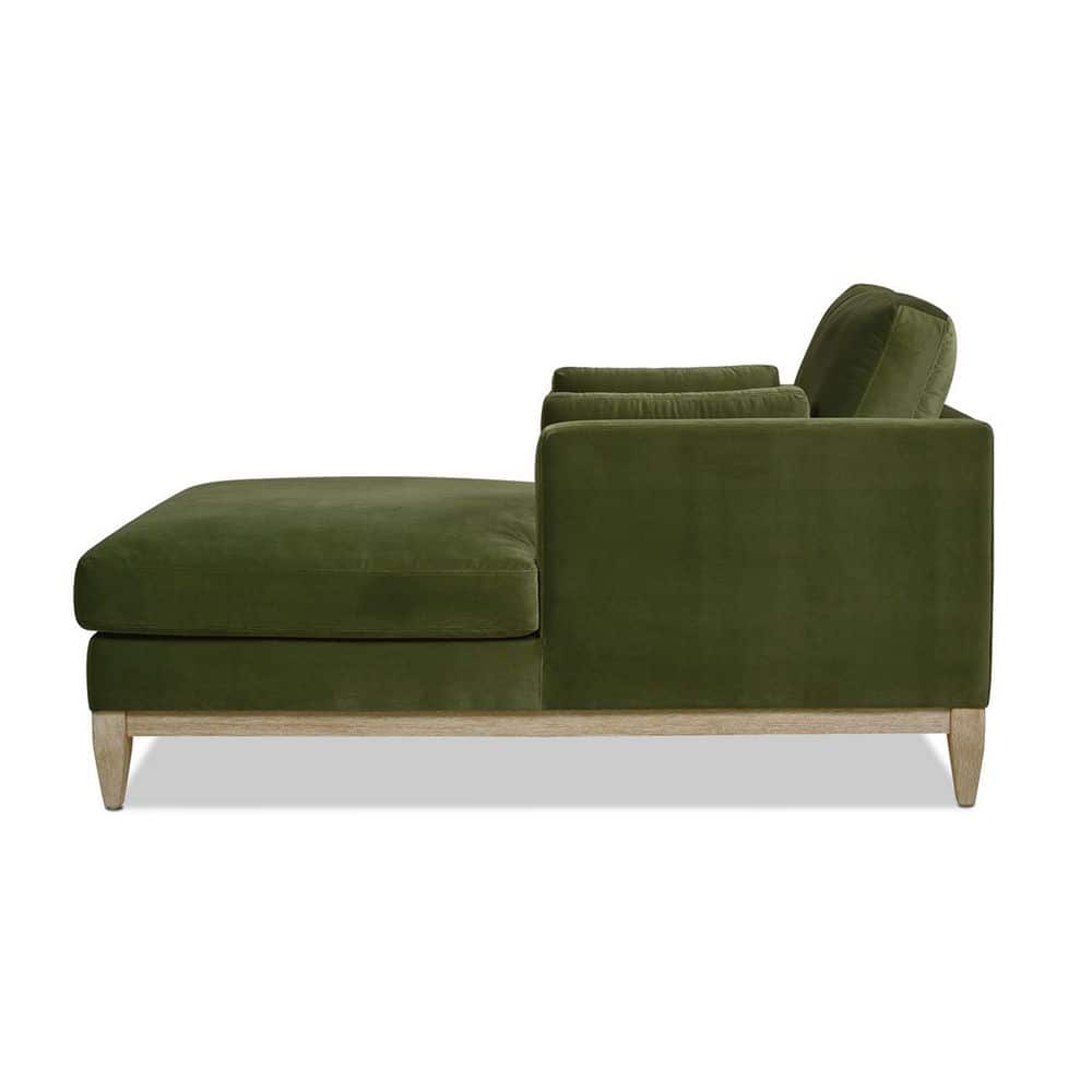 Olive Green Velvet and Wood Chaise Lounge Chair