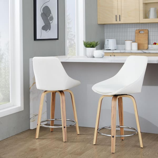 Diana 24.75 in. White Faux Leather, Zebra Wood, and Chrome Metal Fixed-Height Counter Stool (Set of 2)