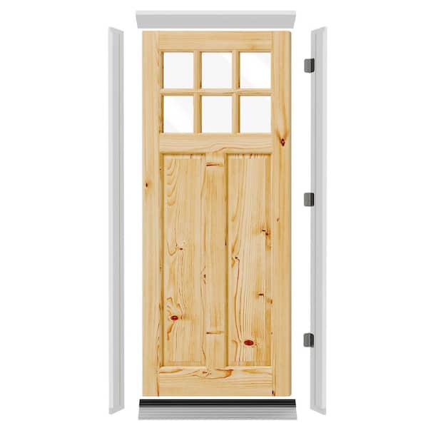 32 in. x 80 in. Pine 6-Lite Clear Glass Pre-hung Front Door with Door Header, Side Legs, Sill and Right-Handed Hinge Kit