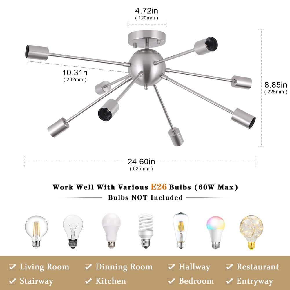 Nickel 8-Light Geometric Sputnik Semi Flush Mount Chandelier