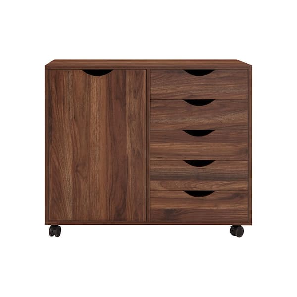 HOMESTOCK Brown Oak 5 Drawer with Shelf 30.7 in W x 15.7 in D x 26.3 in H Wooden File Cabinets Vertical File Cabinet
