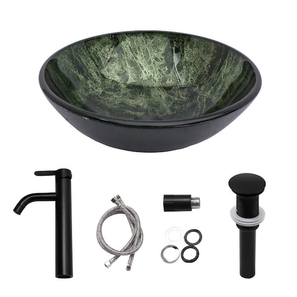 16-1/2 in. Tempered Glass Round Bathroom Vessel Sink in Dark Green with Black Faucet and Pop-Up Drain