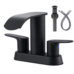 4 in. Centerset Double-Handle Waterfall Bathroom Sink Faucet Stainless Steel with Pop Up Drain Kit in Matte Black