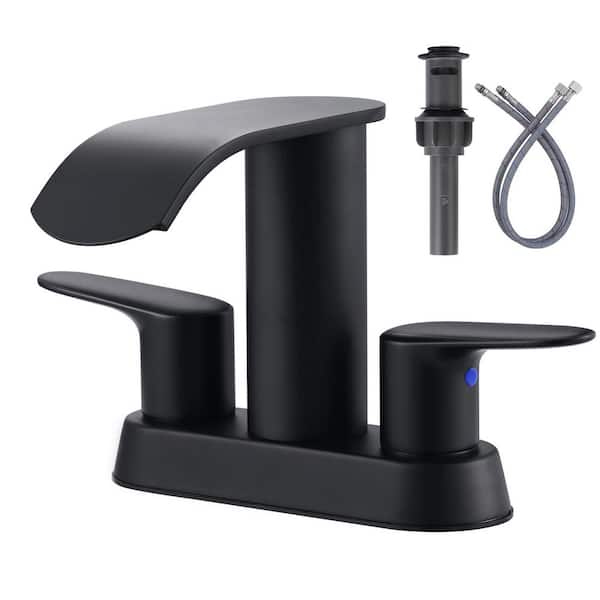 ARCORA 4 in. Centerset Double-Handle Waterfall Bathroom Sink Faucet Stainless Steel with Pop Up Drain Kit in Matte Black