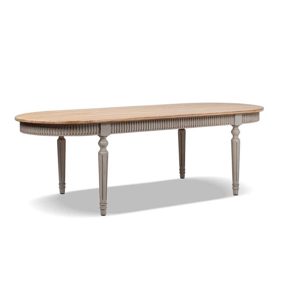 Colette Antique Natural Brown and Antique Blue-Grey Reclaimed Pine Wood 94 in. 4-Legs Base Oval Dining Table 8 Seater