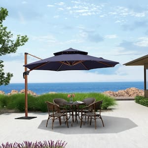 11 ft. Octagon High-Quality Wood Pattern Aluminum Cantilever Polyester Patio Umbrella with Base Plate, Navy Blue