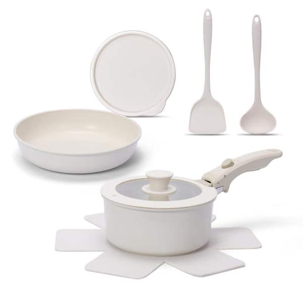 8 Piece Off-White Non Stick Cookware Set with Detachable Handle Induction Compatible Oven Safe PFOA Free Kitchen Set
