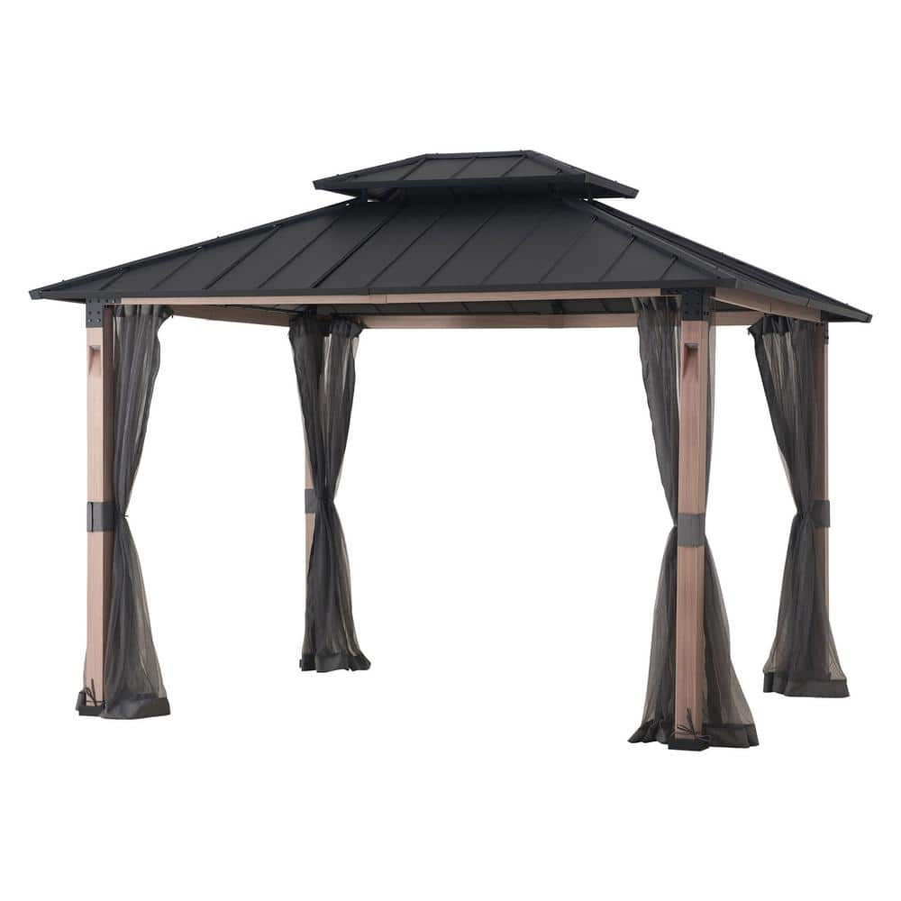 Black Steel 10x12 Hardtop Gazebo with Netting and LED Lights