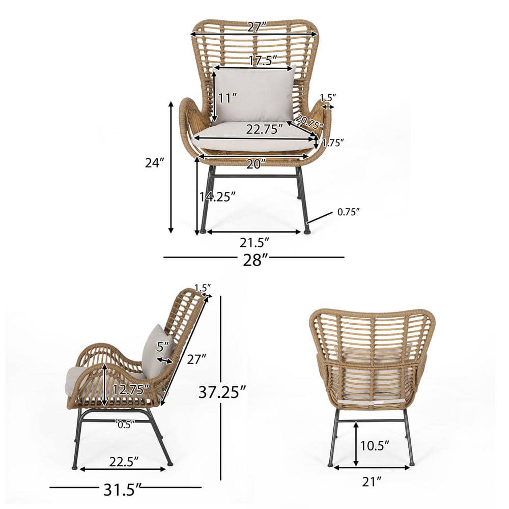 Sleek Modern Rattan Club Chairs with Cushions, Light Brown, Set of 2