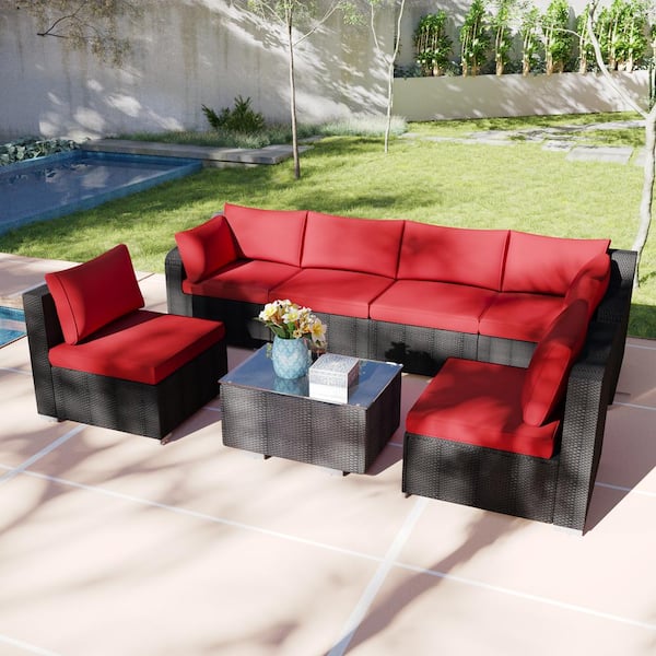 Sudzendf 8-Piece Wicker Patio Conversation Set, Sofa Set with Red Cushions, Glass Table and Fire Pit