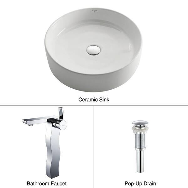 KRAUS Round Ceramic Vessel Sink in White with Sonus Faucet in Chrome