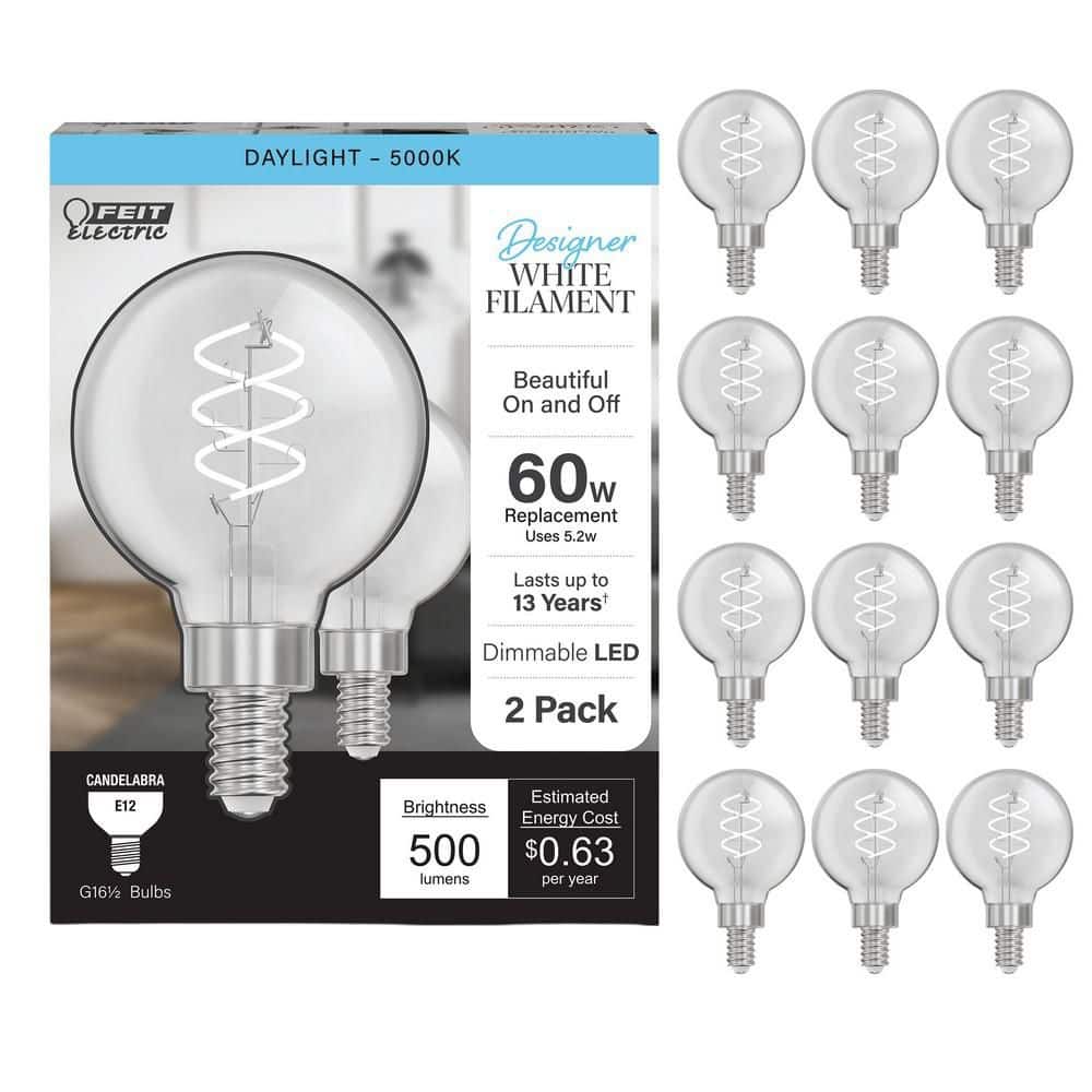 60-Watt Equivalent G16.5 Double Spiral White Thin Filament Clear E12 Candelabra LED Light Bulb, Daylight 5000K 12-Pack price history on PriceWatchPro
