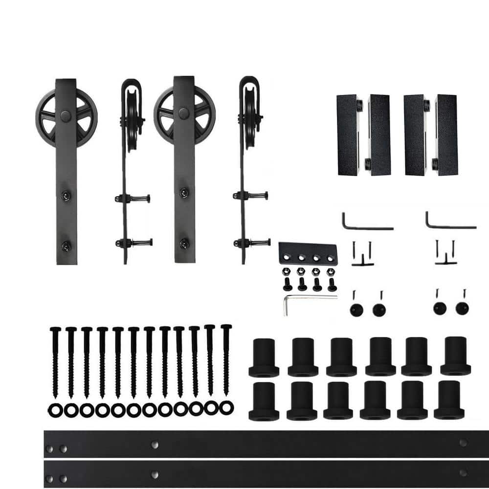 15 ft./180 in. Black Rustic Non-Bypass Sliding Barn Door Hardware Kit Spoke Wheel Design Roller for Double Doors price history on PriceWatchPro