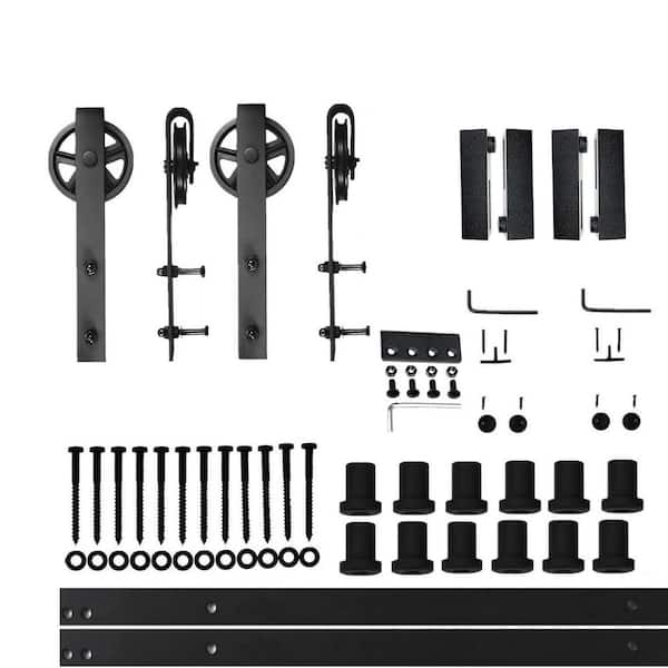 HOMACER 15 ft./180 in. Black Rustic Non-Bypass Sliding Barn Door Hardware Kit Spoke Wheel Design Roller for Double Doors