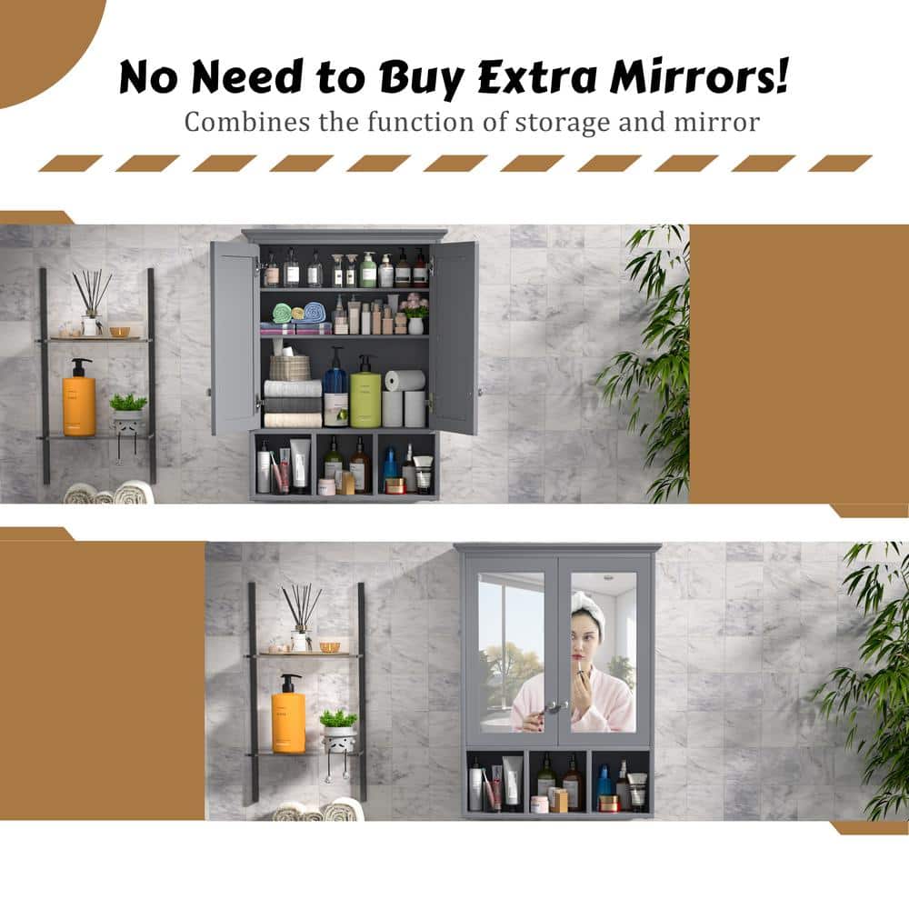 Gray MDF Oversized Bathroom Medicine Cabinet with Mirrors and Adjustable Shelves
