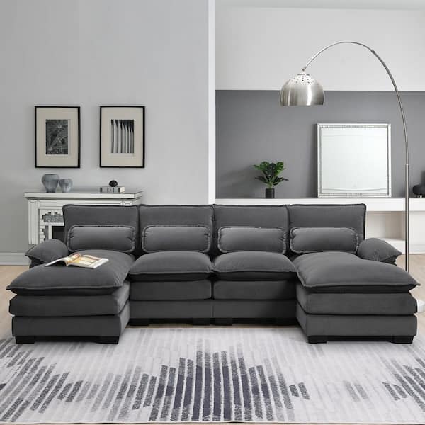 aisword 110 in. Double Cushion Velvet Modular U-Shaped 6-Seat Sectional Sofa in Gray with Waist Pillows, 2 Chaise Lounge
