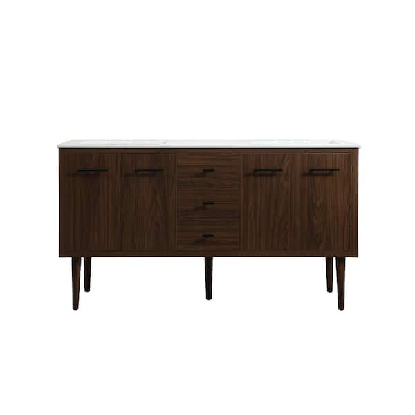 Unbranded Simply Living 60 in. W x 22 in. D x 33.5 in. H Bath Vanity in Walnut with Ivory White Engineered Marble Top