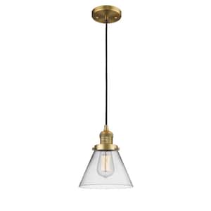 Cone 1-Light Brushed Brass Clear Shaded Pendant Light with Clear Glass Shade