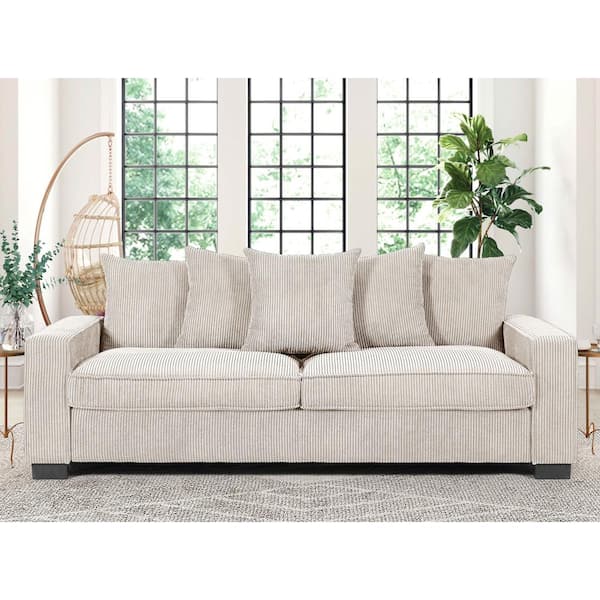 Luxe 88 in. Width Square Arm Corduroy Polyester Fabric 3-Seater Straight Sofa in. Ivory