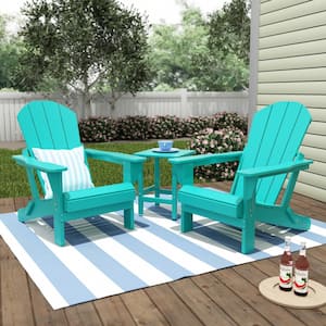 Laguna 3-Piece Fade Resistant Outdoor Patio HDPE Poly Plastic Folding Adirondack Chair Set with Side Table in Turquoise