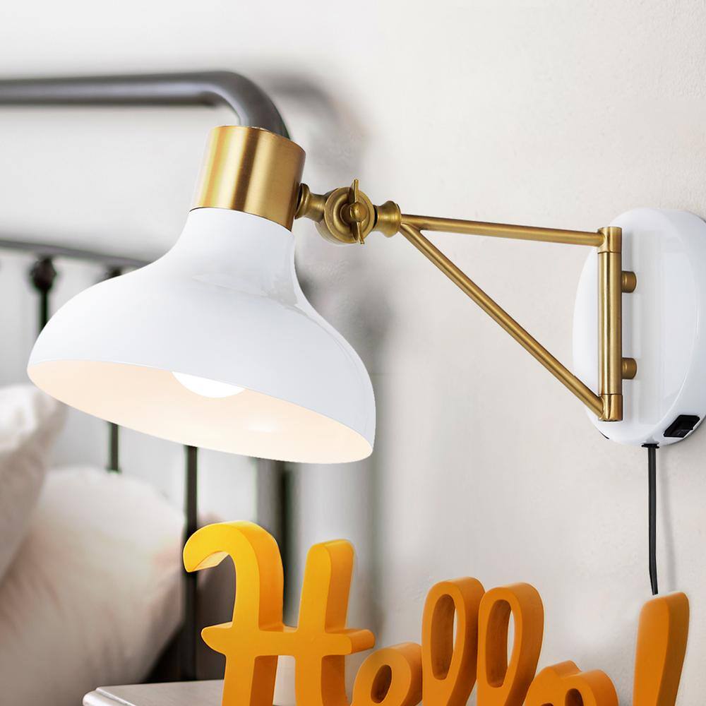 White and Brass Gold Iron Swing Arm Wall Sconce with USB Charging Port