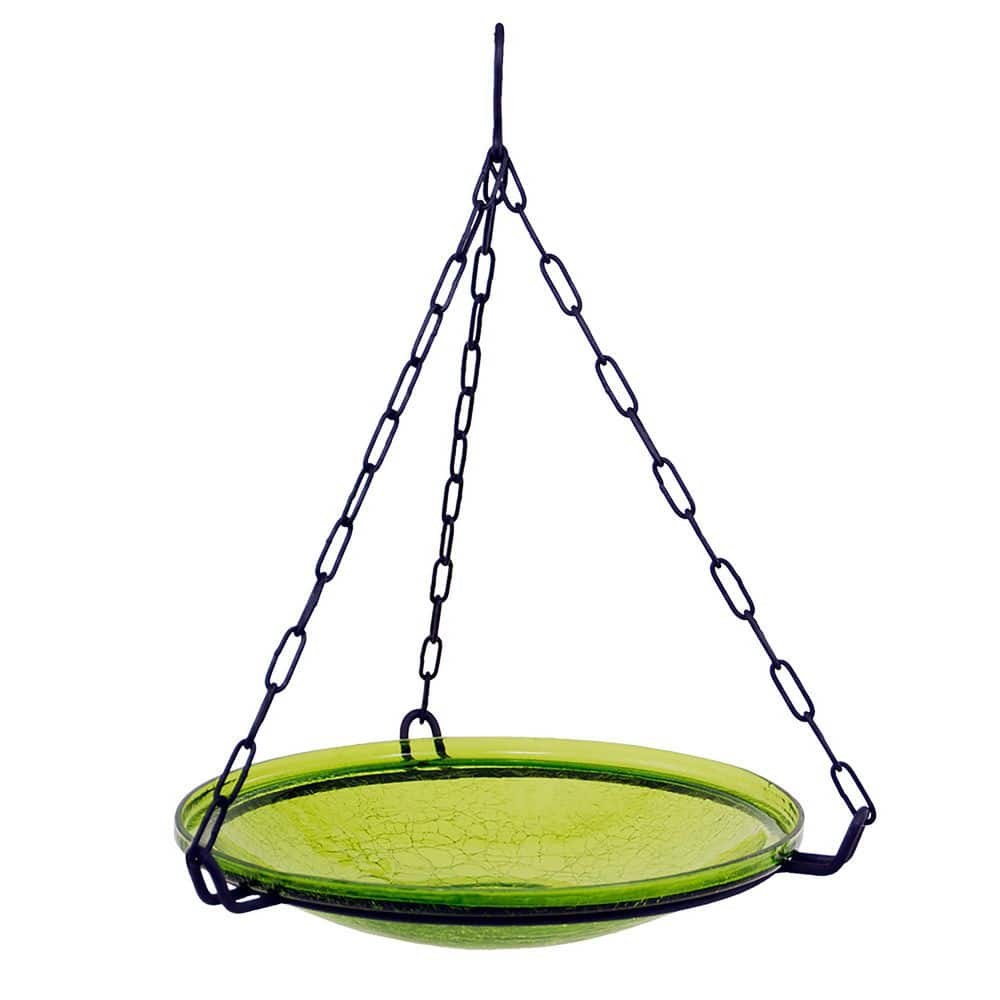 ACHLA DESIGNS Reflective Crackle Glass Hanging Birdbath Bowl, 14 Inch Diameter, Fern Green