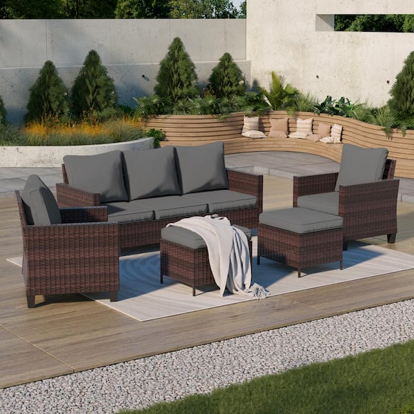 Sonkuki 5-Piece Outdoor Patio Conversation Set Widened Back and Arm Brown Rattan Outdoor 3-Seat Sofa 2-Ottomans, Gray