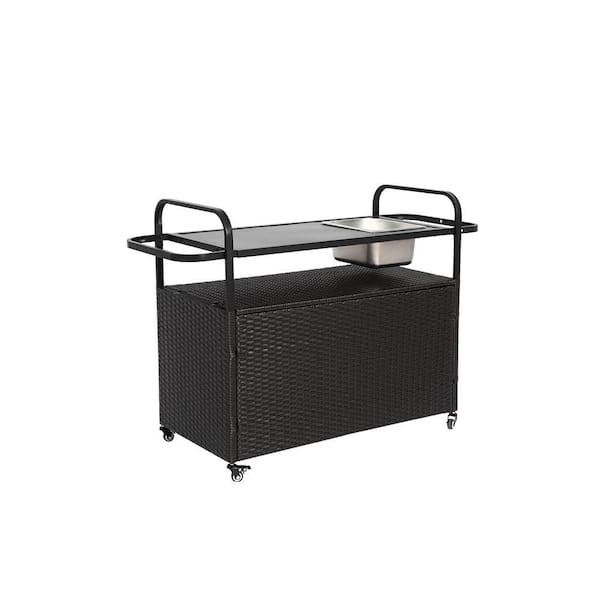 Unbranded Patio Serving Cart, Outdoor Wicker Bar Table Bar Cart with Cabinet, Steel Top 1 Ice Bucket, Lockable Wheels, Side Basket
