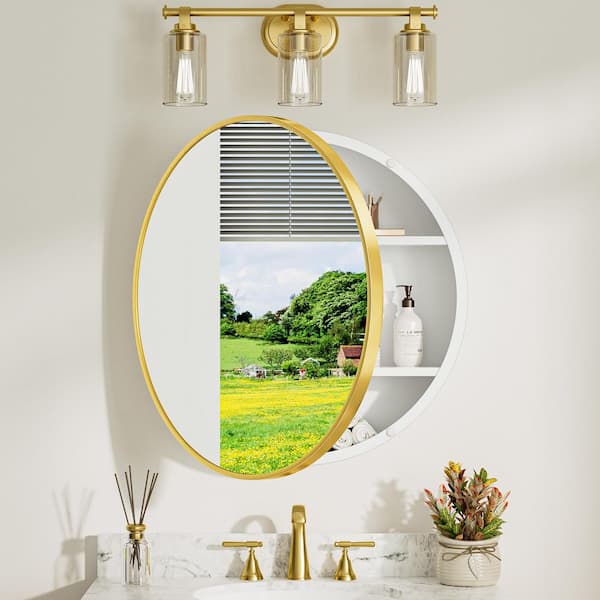 28 in. W x 28 in. H Round Gold White Metal Framed Surface Mount Medicine Cabinet with Mirror