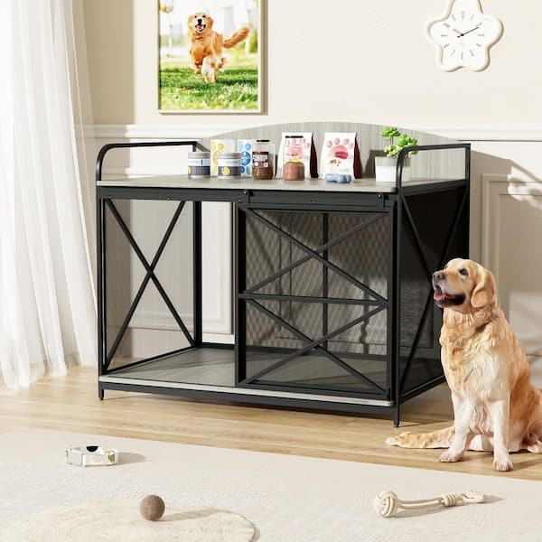 Runesay Mdf And Steel Corner Dog Crate With Cushion Dog Kennel With Wood And Mesh Doghouse Pet Crate Indoor Use