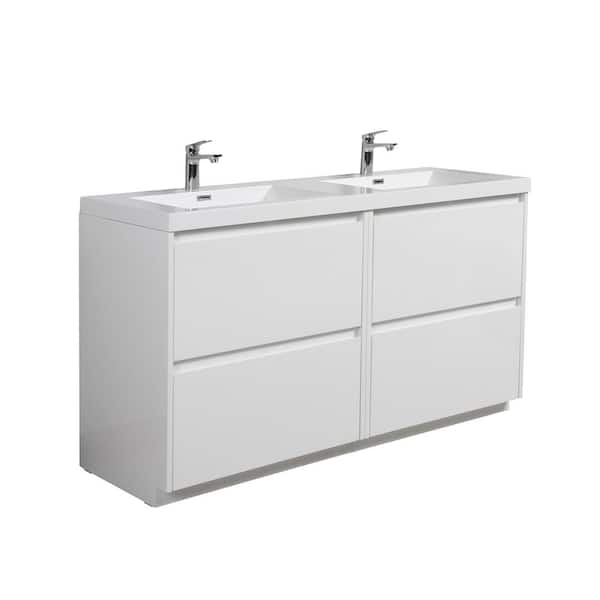 MT 59 in. W x 19.6 in. D Freestanding Double Bath Vanity in White with White Resin Double Sink Vanity Top