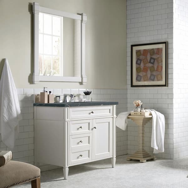 James Martin Vanities Brittany 36.0 in. W x 23.5 in. D x 34.0 in. H Bathroom Vanity in Bright White with Parisien Bleu Silestone Quartz Top