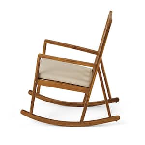 Willow Glen Brown Wood Outdoor Rocking Chair with CushionGuard Beige Cushions