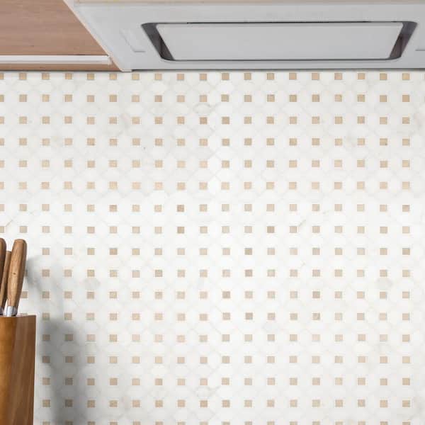 Bianco Dolomite Crema Dotty 13 in. x 13 in. x 0.38 in. Polished Marble Mesh-Mounted Mosaic Tile (10.7 sq. ft. /case)
