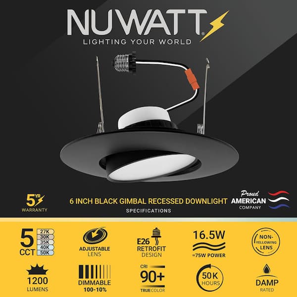 6 in. LED Black Adjustable Retrofit Recessed Housing 5 CCT 2700K-5000K IC Rated Remodel Dimmable E26 Connector (6-Pack)