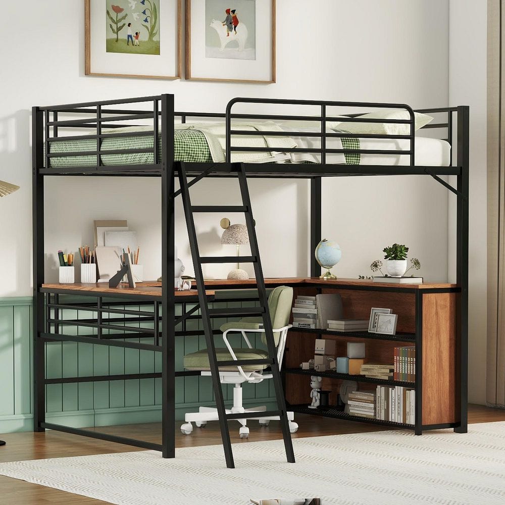 Harper & Bright Designs Black Full Size Metal Loft Bed with L-shaped ...