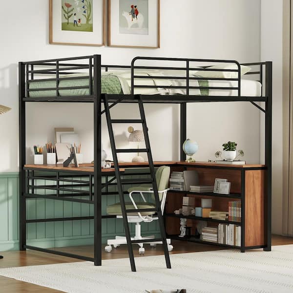 Harper & Bright Designs Black Full Size Metal Loft Bed with L-shaped ...